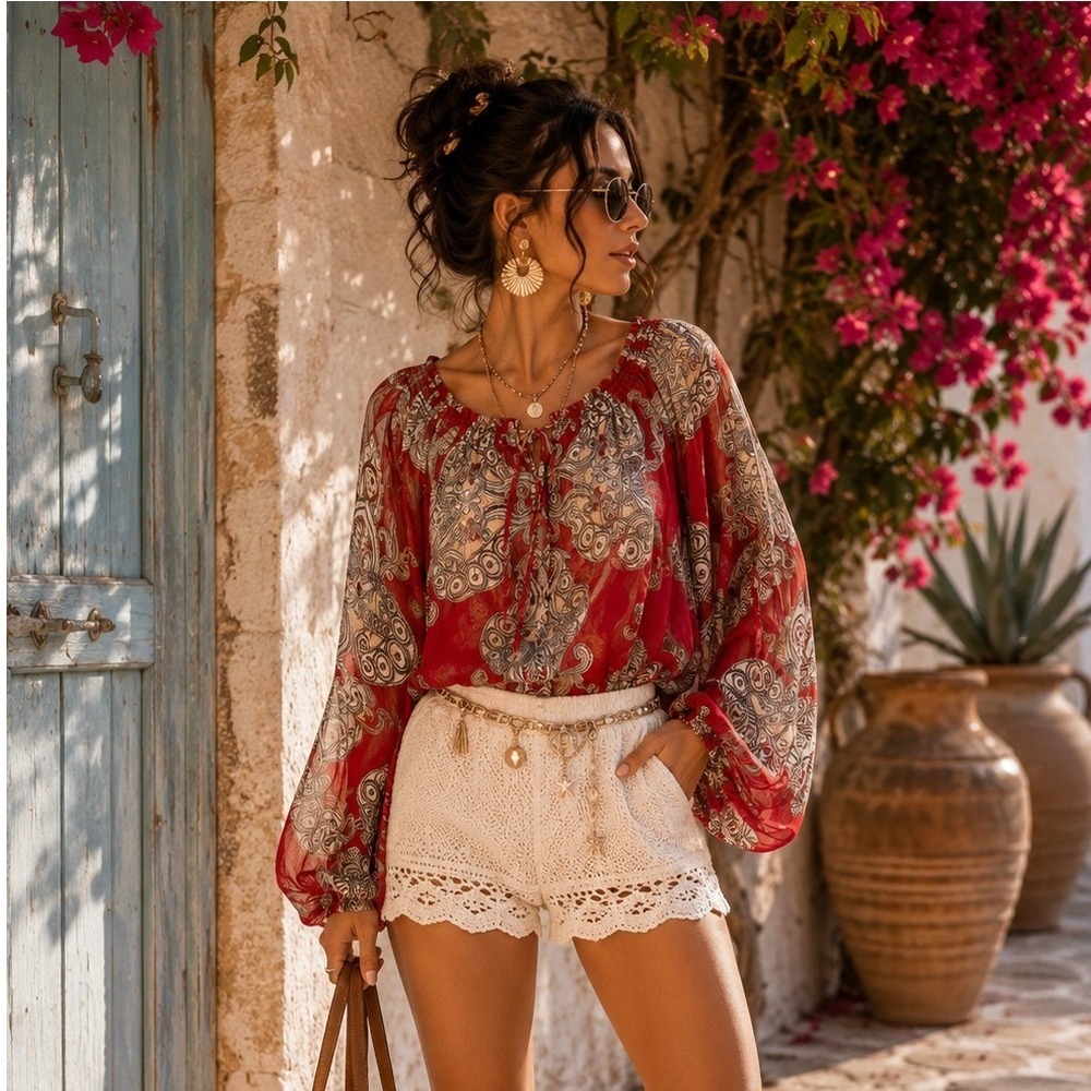 Chicos Red Paisley Peasant Blouse Long Sleeve Smocked Neck Boho Tunic Top L/XL